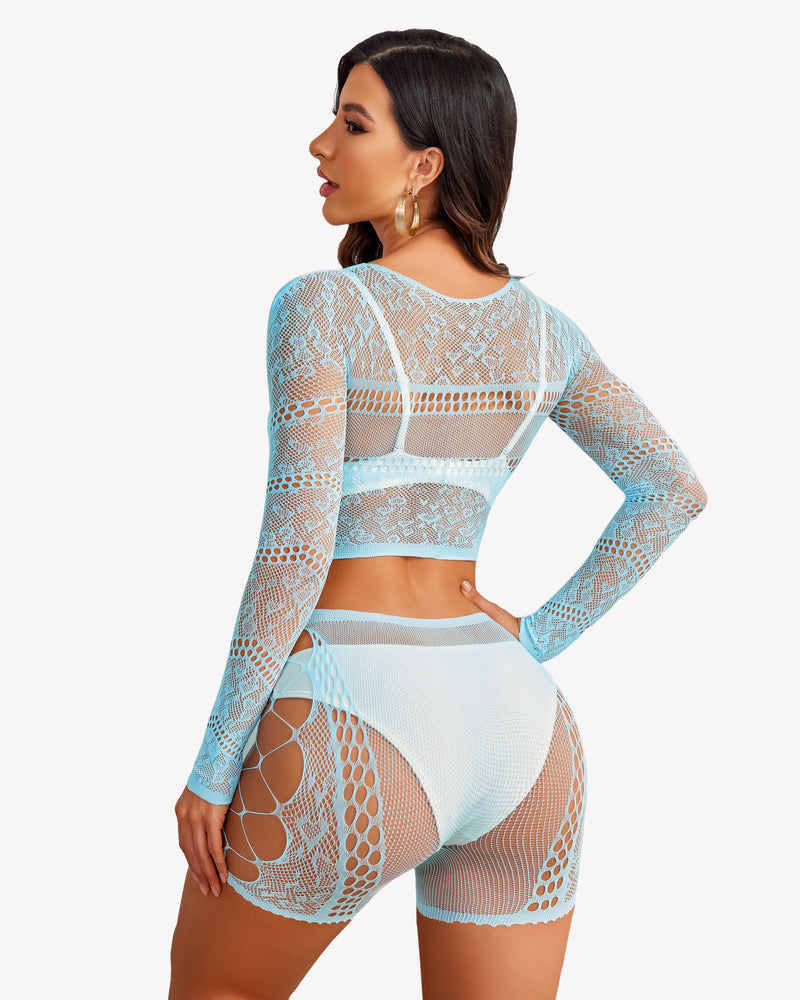 Light blue fishnet lingerie set with cut-out crop top and shorts for a confident, sexy look.