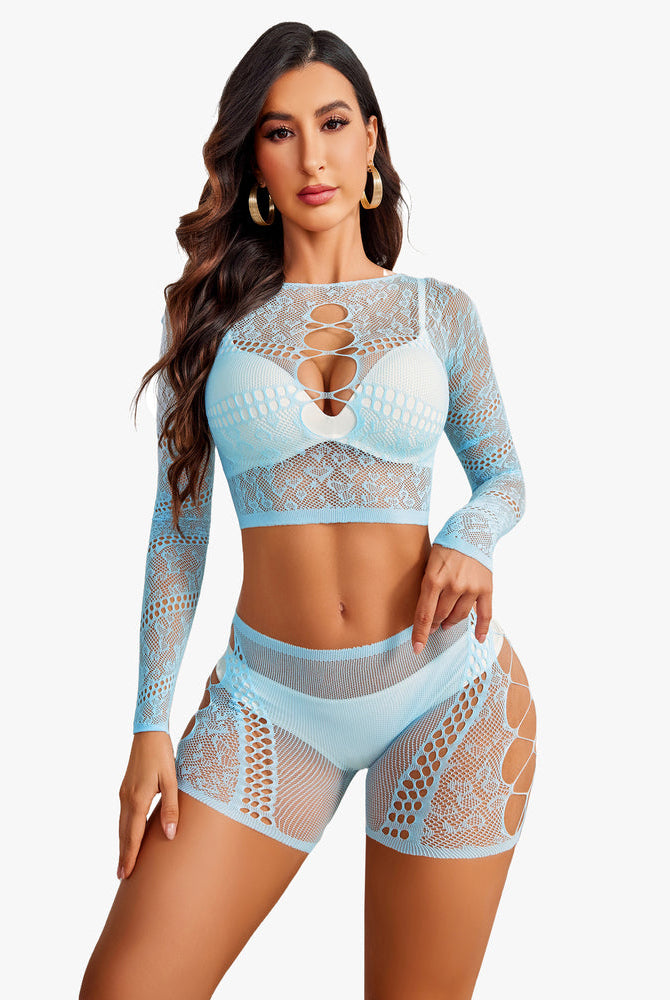 Light blue fishnet two-piece lingerie set with a cutout design, offering a sexy and confident look.