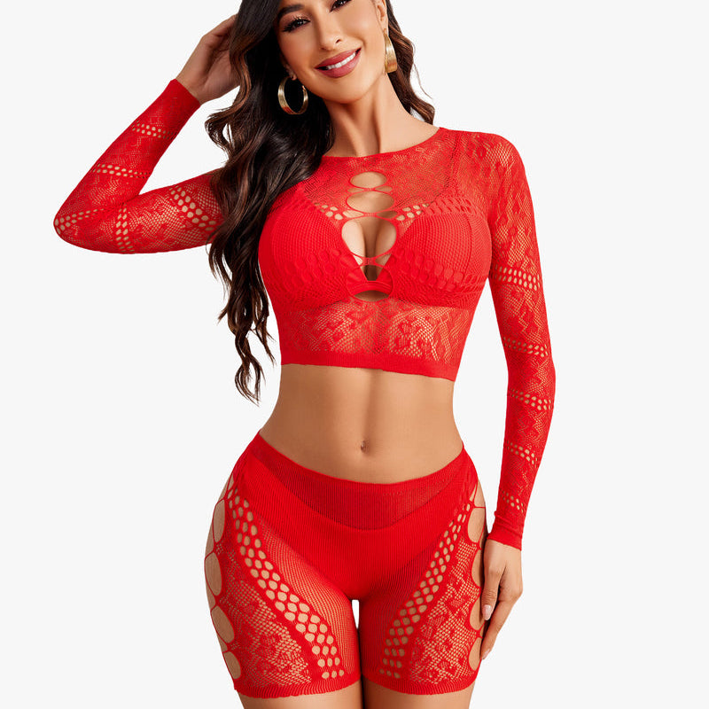 Red fishnet lingerie set with cut-out details. Crop top and shorts for confident, sexy style.