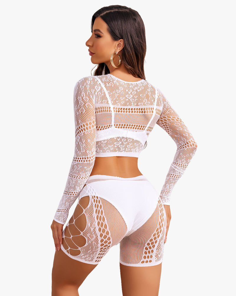 White fishnet lingerie set, cutout design crop top and shorts, sexy and confident style.