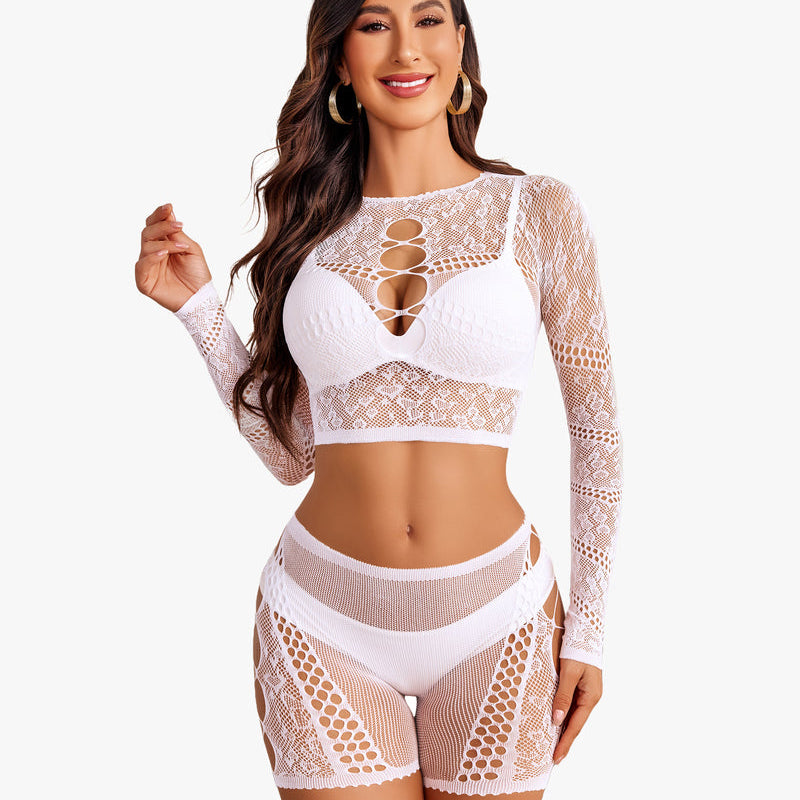 White fishnet lingerie set, cutout crop top and shorts with a flattering fit.