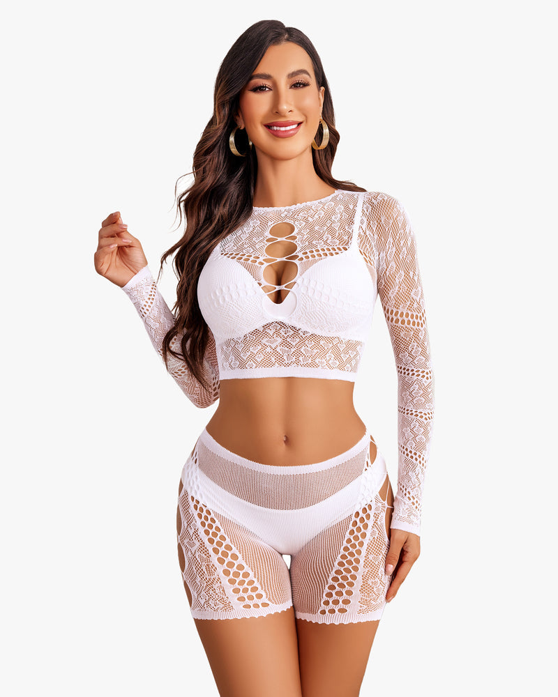 White fishnet lingerie set, cutout crop top and shorts with a flattering fit.