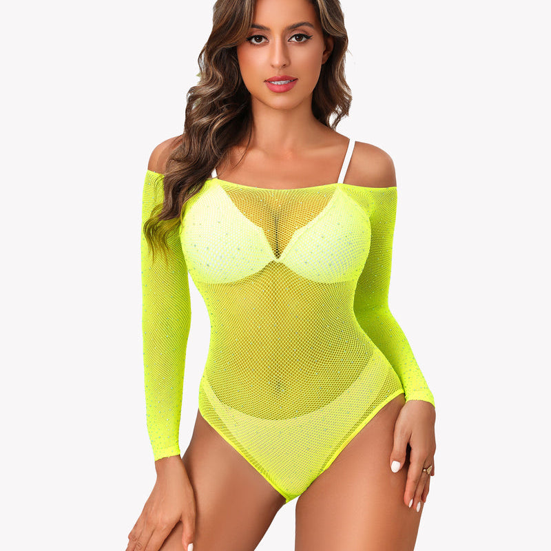 Lemon green rhinestone fishnet bodysuit with off-shoulder neckline and long sleeves