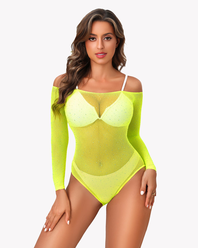 Neon yellow fishnet bodysuit, rhinestones, off-shoulder. Enhances curves, bold, stylish lingerie.