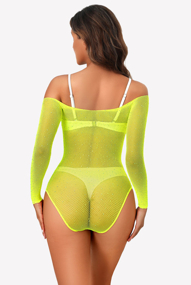 Lemon green fishnet rhinestone bodysuit with open-back style and long sleeves