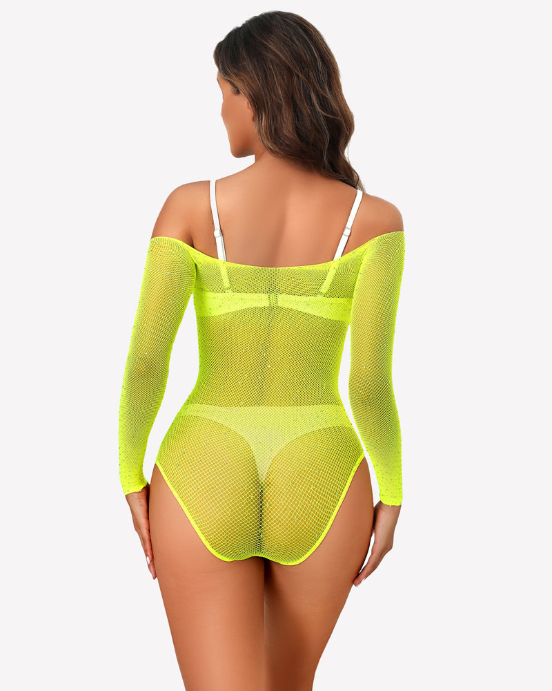 Sparkle rhinestone fishnet bodysuit in neon yellow. Sexy lingerie to enhance your curves.