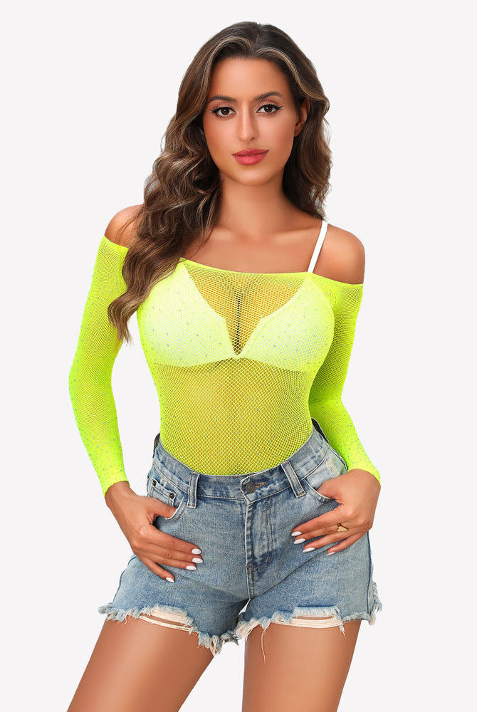 Lemon green rhinestone fishnet bodysuit with long sleeves and V-cut front