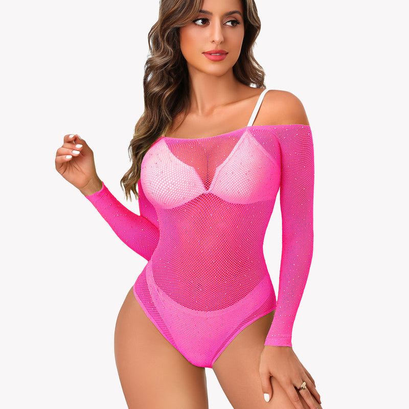 Pink rhinestone fishnet long-sleeve bodysuit with strappy neckline