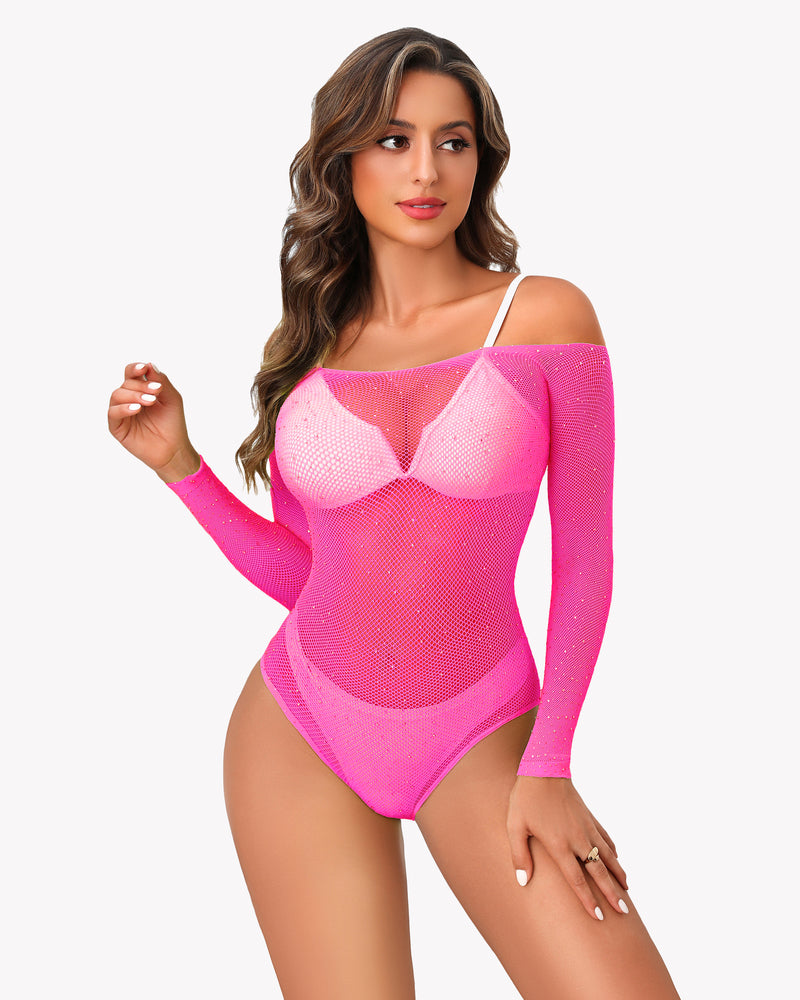 Neon Pink Rhinestone Fishnet Bodysuit, Off-Shoulder Sexy Lingerie for Women