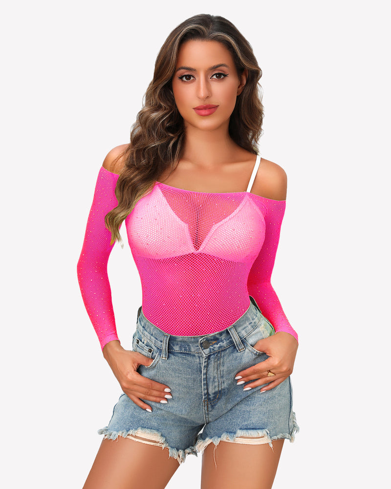 Pink rhinestone fishnet bodysuit, off-shoulder, long sleeves, sexy lingerie.