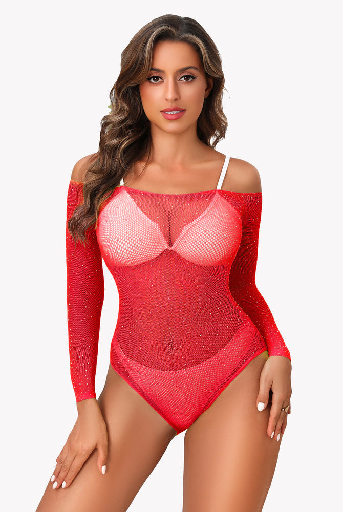 Red rhinestone fishnet long-sleeve bodysuit with off-shoulder top