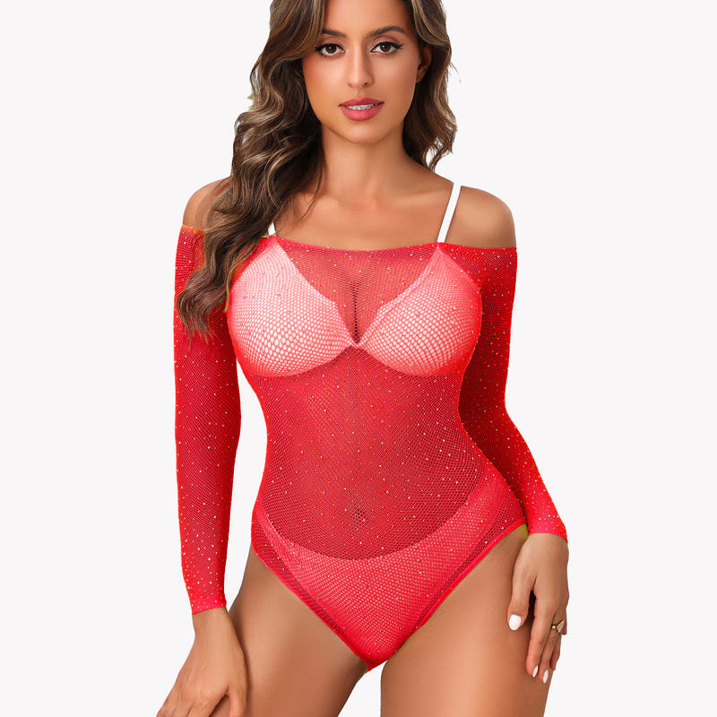 Red rhinestone fishnet long-sleeve bodysuit with off-shoulder top