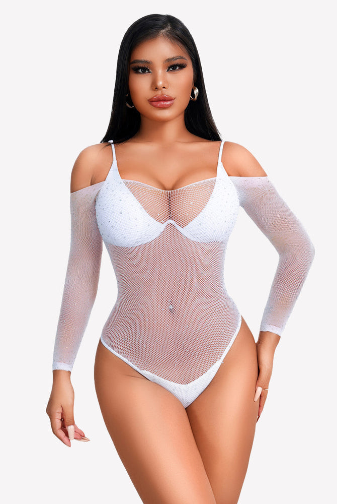 Rhinestone fishnet bodysuit, white, long sleeves, underwire-style bust