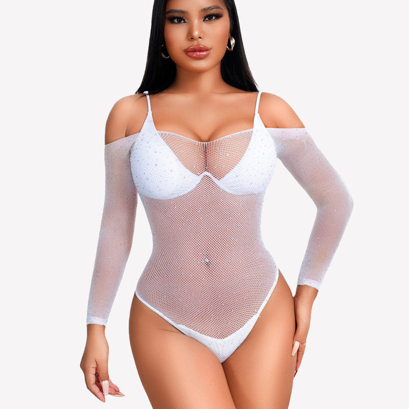 Rhinestone fishnet bodysuit, white, long sleeves, underwire-style bust