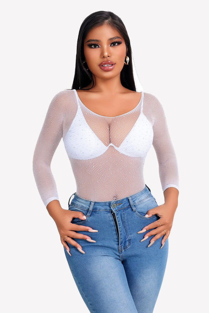 Rhinestone fishnet bodysuit, white, long sleeves, scoop neckline
