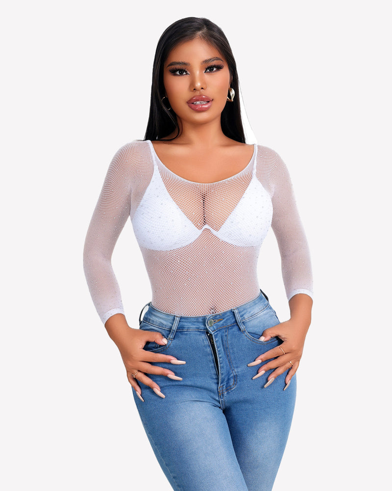 White rhinestone fishnet bodysuit with blue jeans, sexy lingerie, curve-enhancing design