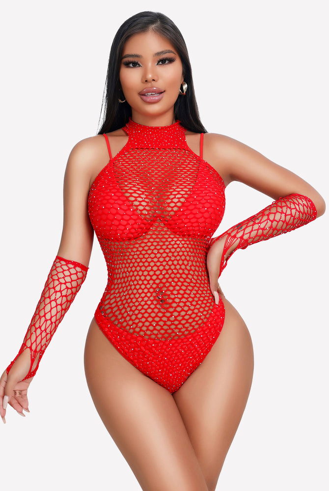 Red fishnet rhinestone bodysuit with matching gloves. Sexy lingerie, modern design.