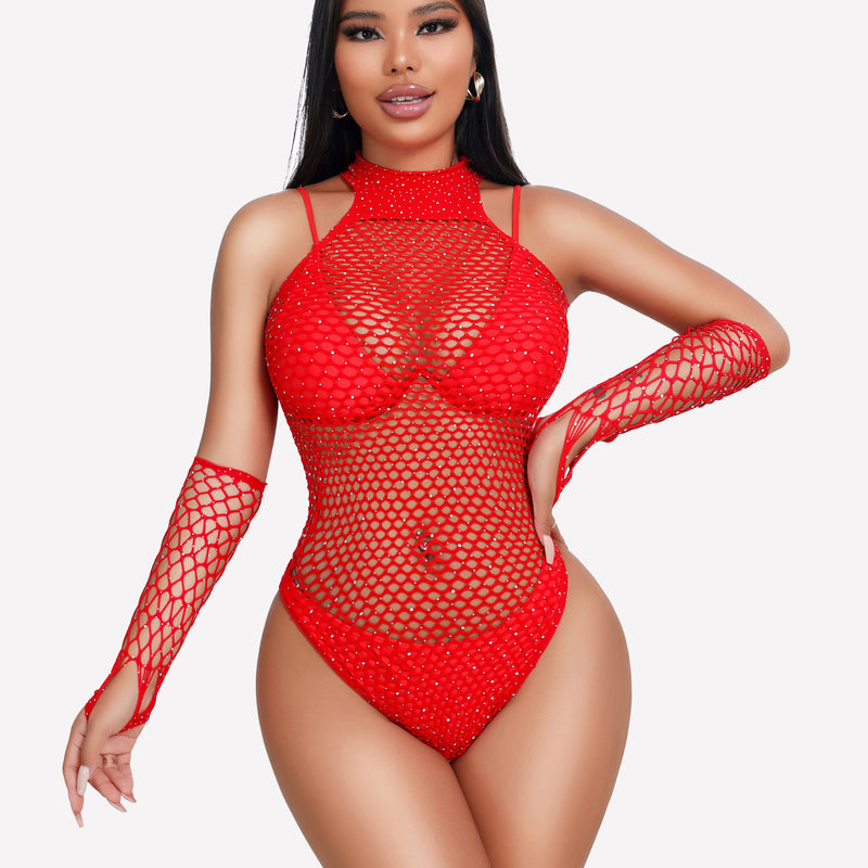 Red fishnet rhinestone bodysuit with matching gloves. Sexy lingerie, modern design.