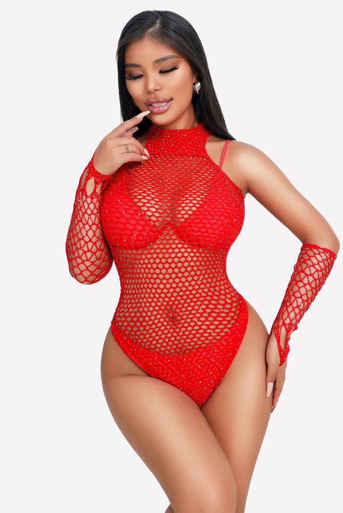 Red rhinestone fishnet bodysuit with gloves. Modern, sexy lingerie for women, enhancing beauty.