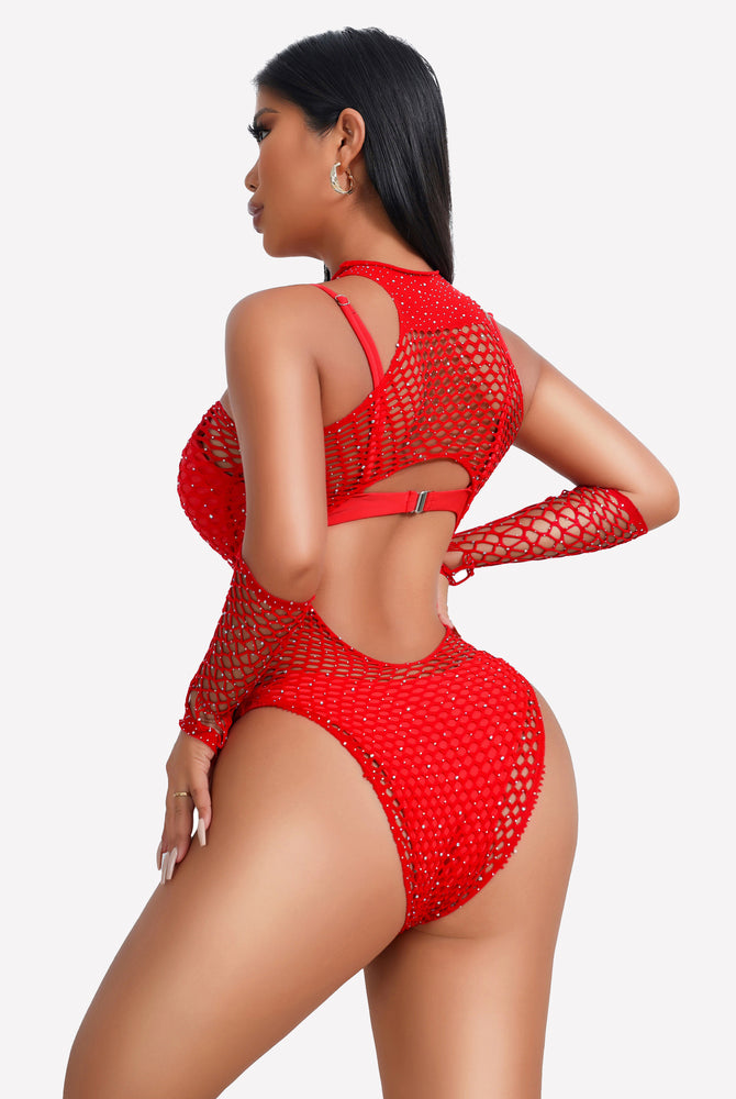 Red rhinestone fishnet bodysuit. Modern, sexy lingerie with gloves, enhancing beauty and confidence.