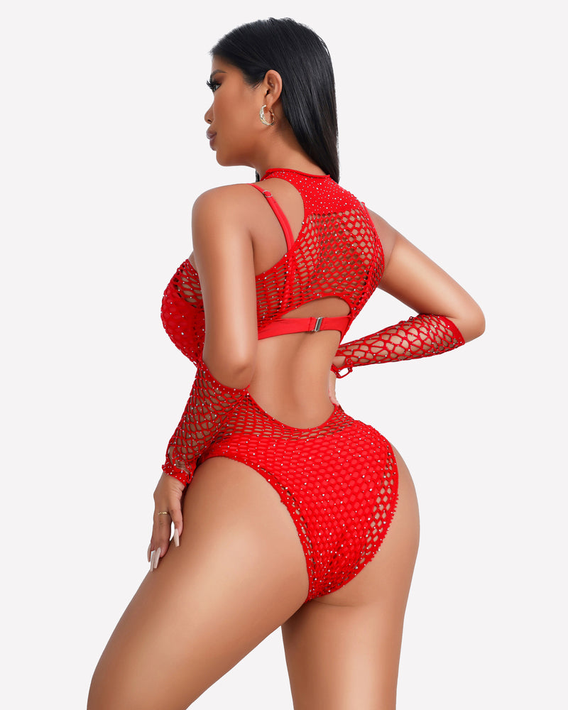 Red rhinestone fishnet bodysuit. Modern, sexy lingerie with gloves, enhancing beauty and confidence.