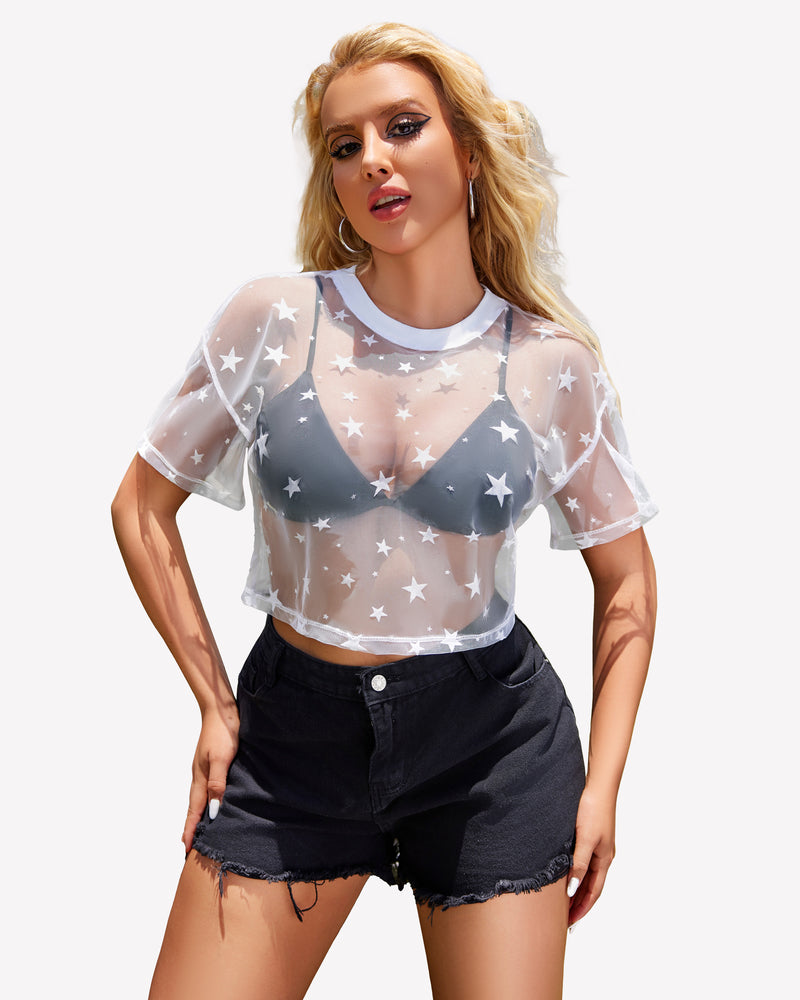 White star mesh crop top with denim shorts, trendy see-through shirt for women