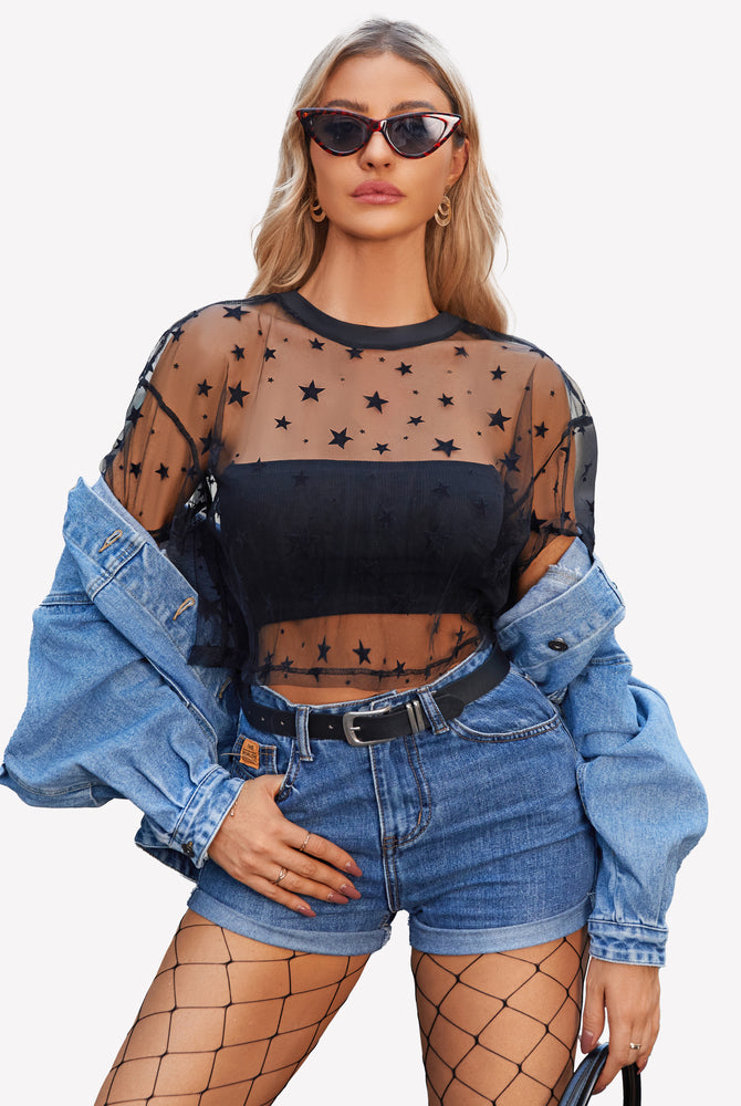 Black star mesh crop top, denim shorts, fishnets. Trendy and sexy see-through top.