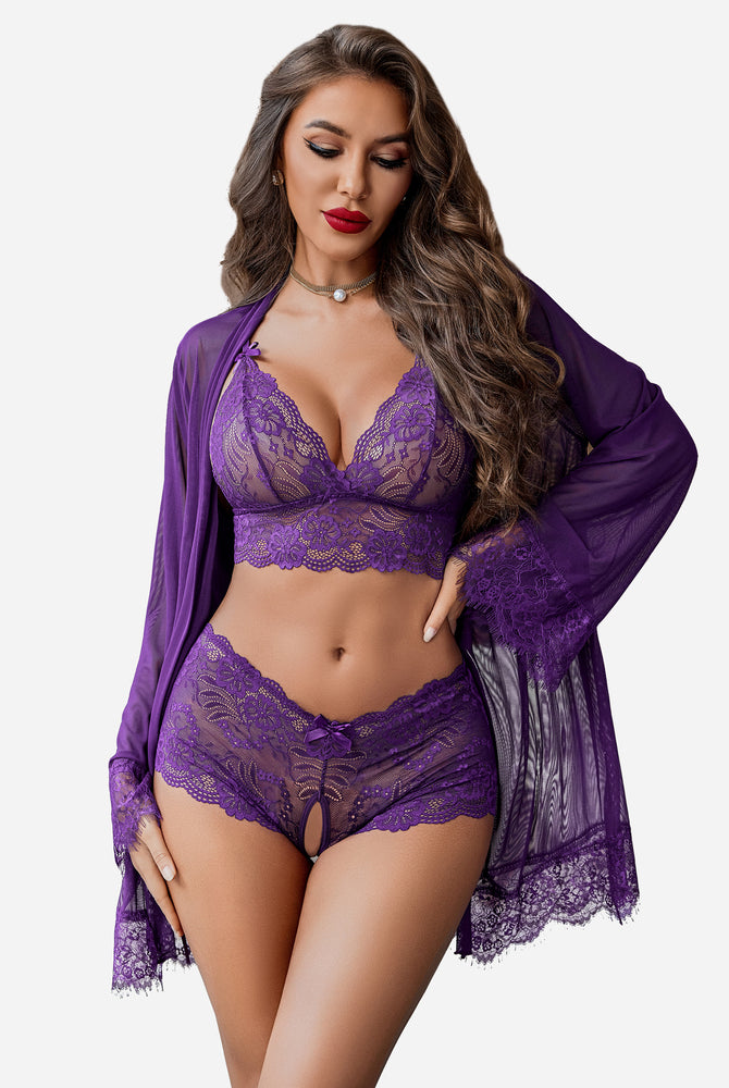 Avidlove purple lace lingerie set: sheer kimono robe, lace bra, and panty, perfect as sleepwear.