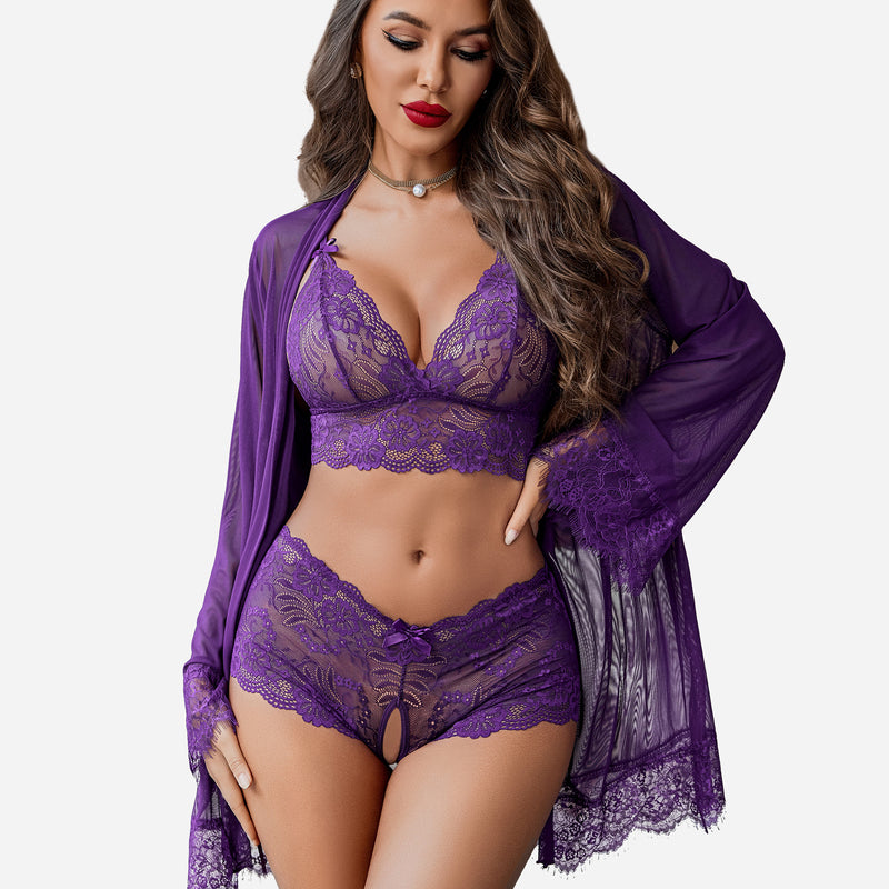 Avidlove purple lace lingerie set: sheer kimono robe, lace bra, and panty, perfect as sleepwear.
