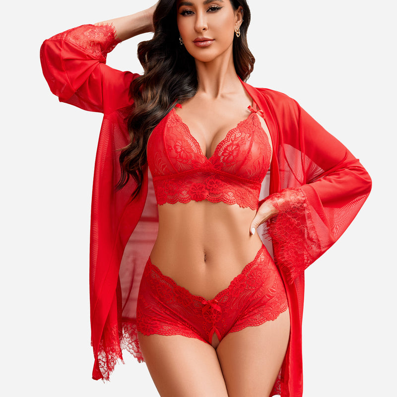 Avidlove red lace lingerie set: kimono robe, bra and panty. Perfect as sleepwear or nightwear.