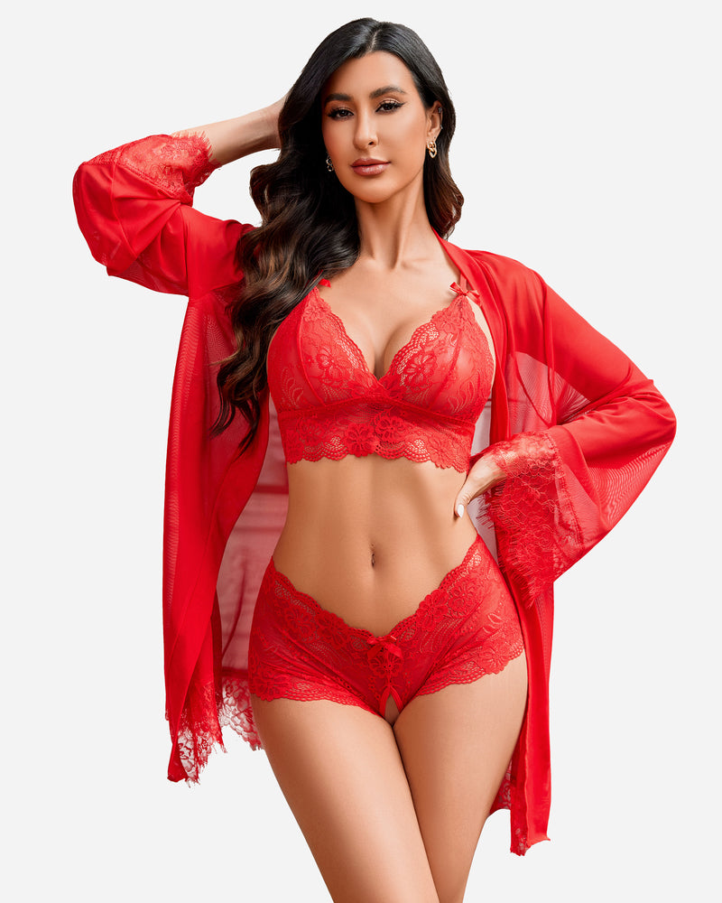 Avidlove red lace lingerie set: kimono robe, bra and panty. Perfect as sleepwear or nightwear.