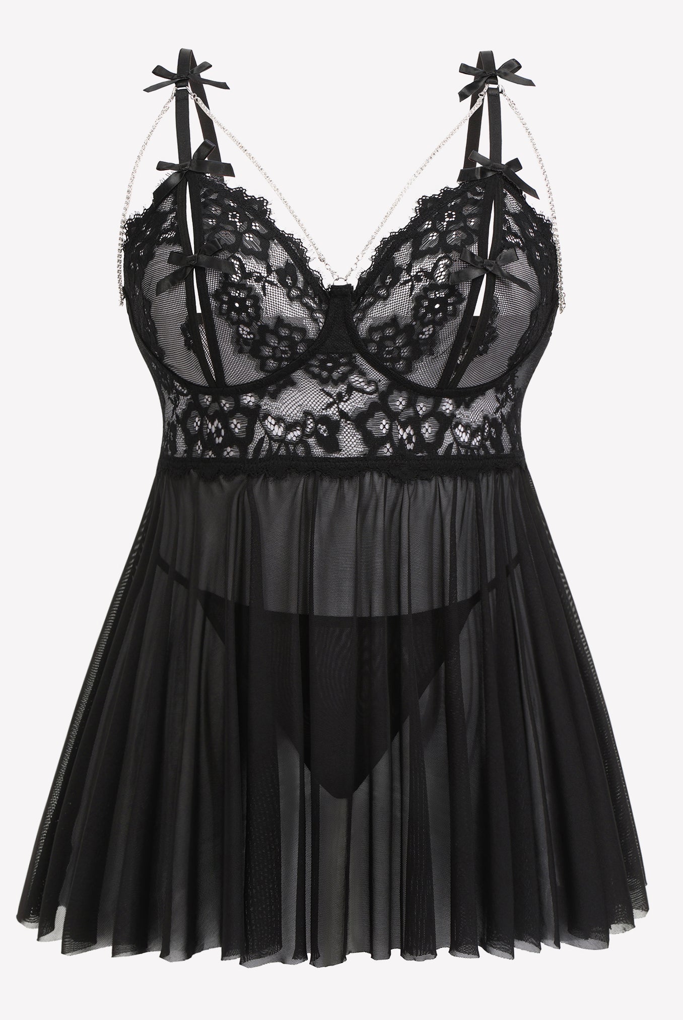 Plus size black lace babydoll nighty with adjustable straps and mesh skirt