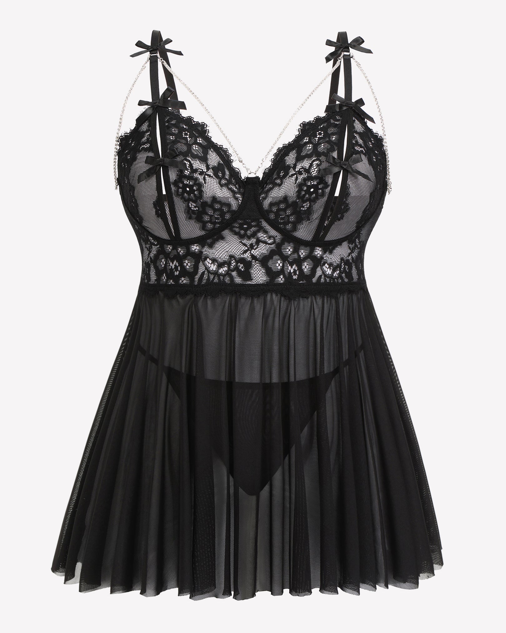 Plus size black lace babydoll nighty with adjustable straps and mesh skirt