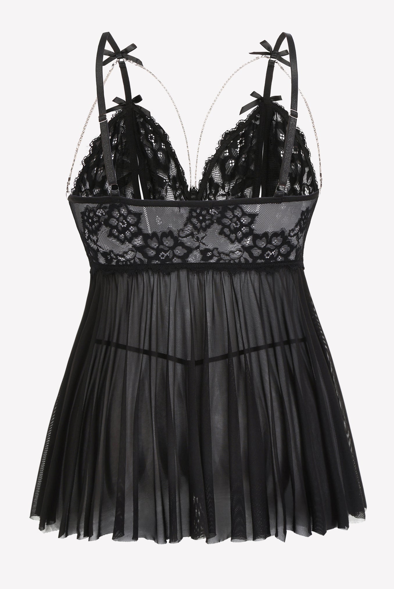 Plus size black babydoll nighty with lace cups, adjustable straps and mesh skirt. Black lingerie