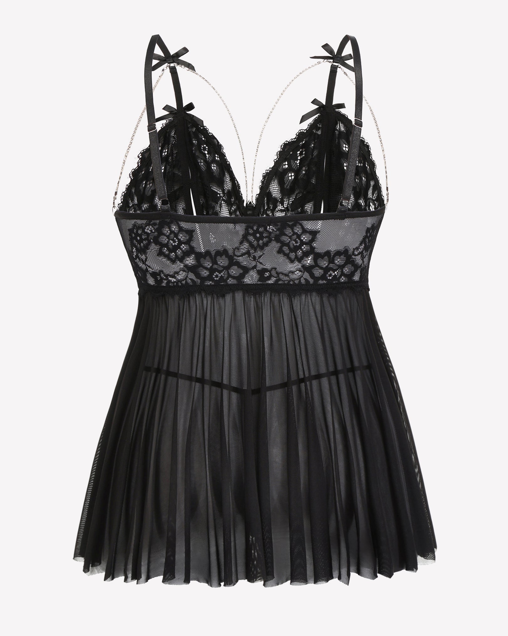 Plus size black babydoll nighty with lace cups, adjustable straps and mesh skirt. Black lingerie