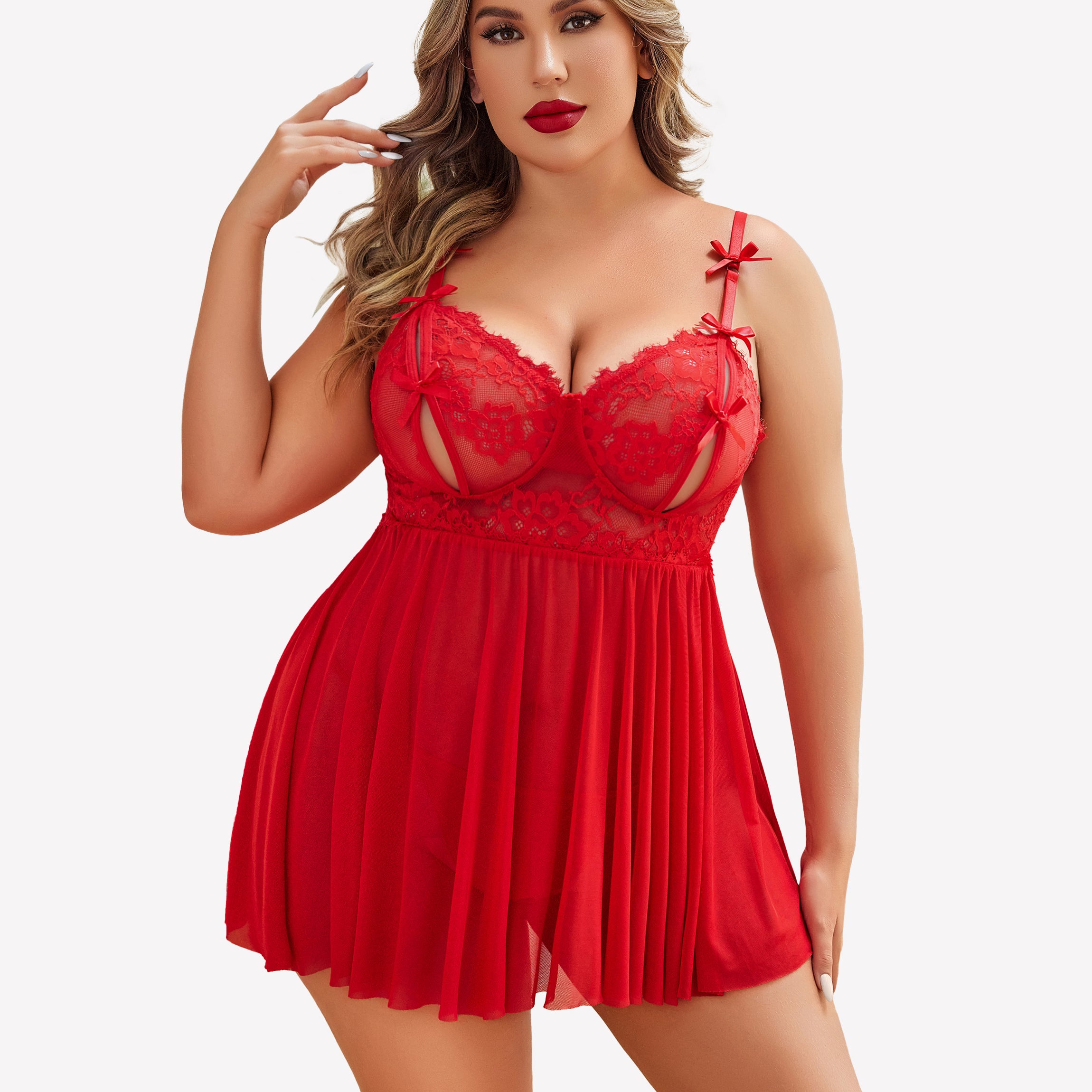 Plus Size Red Lace Babydoll Nighty. Sexy lingerie with lace cups and adjustable straps.