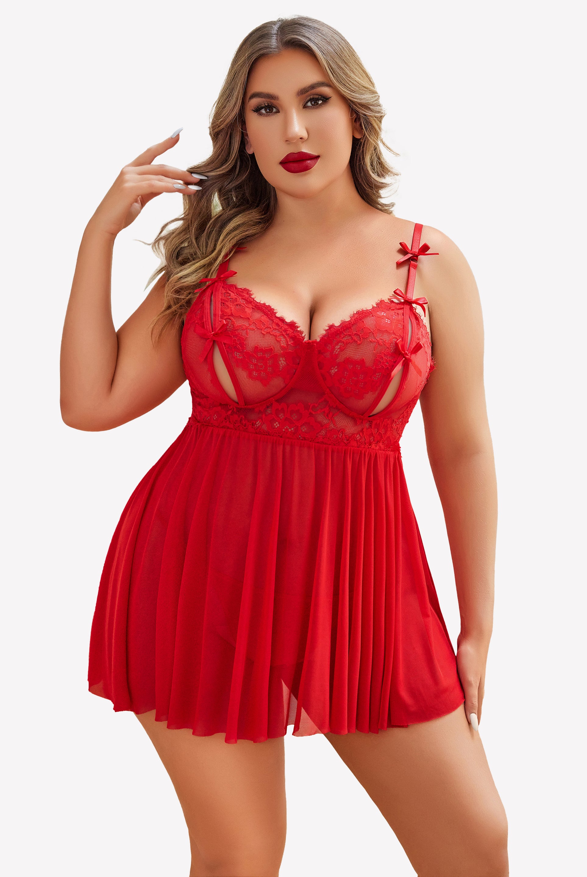 Plus Size Red Lace Babydoll Nighty. Sexy lingerie with lace cups and adjustable straps.