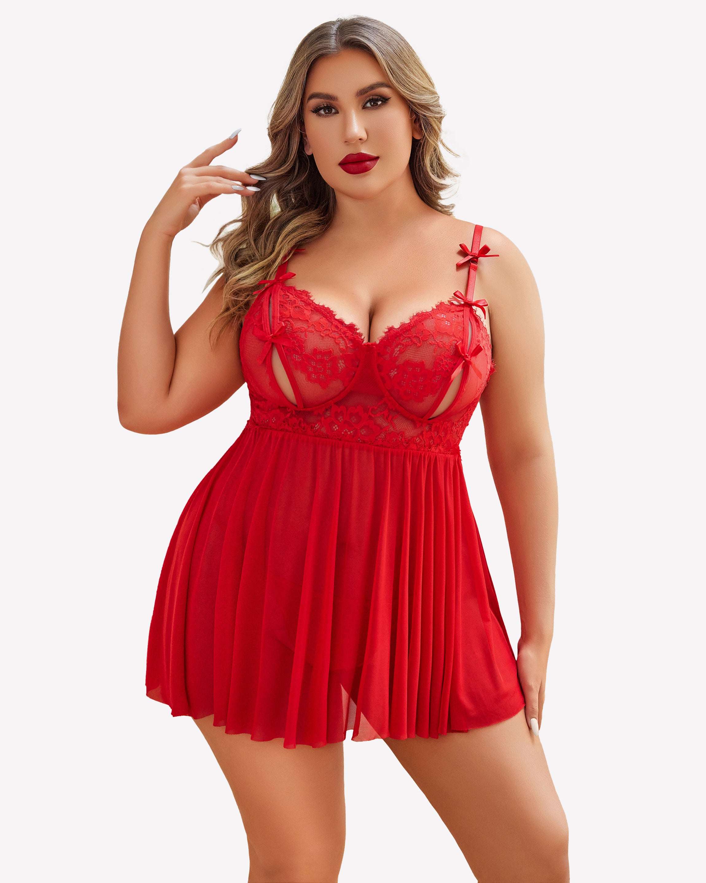 Plus Size Red Lace Babydoll Nighty. Sexy lingerie with lace cups and adjustable straps.