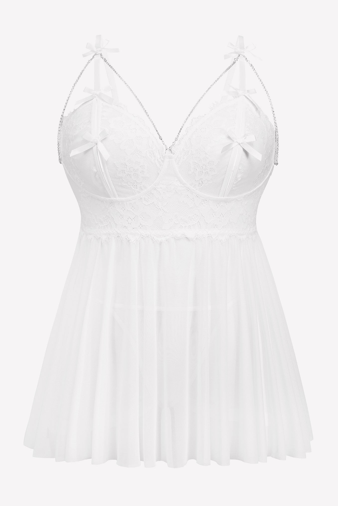 Plus Size White Lace Babydoll Nighty with Adjustable Straps and Chain Detail, Sexy Lingerie