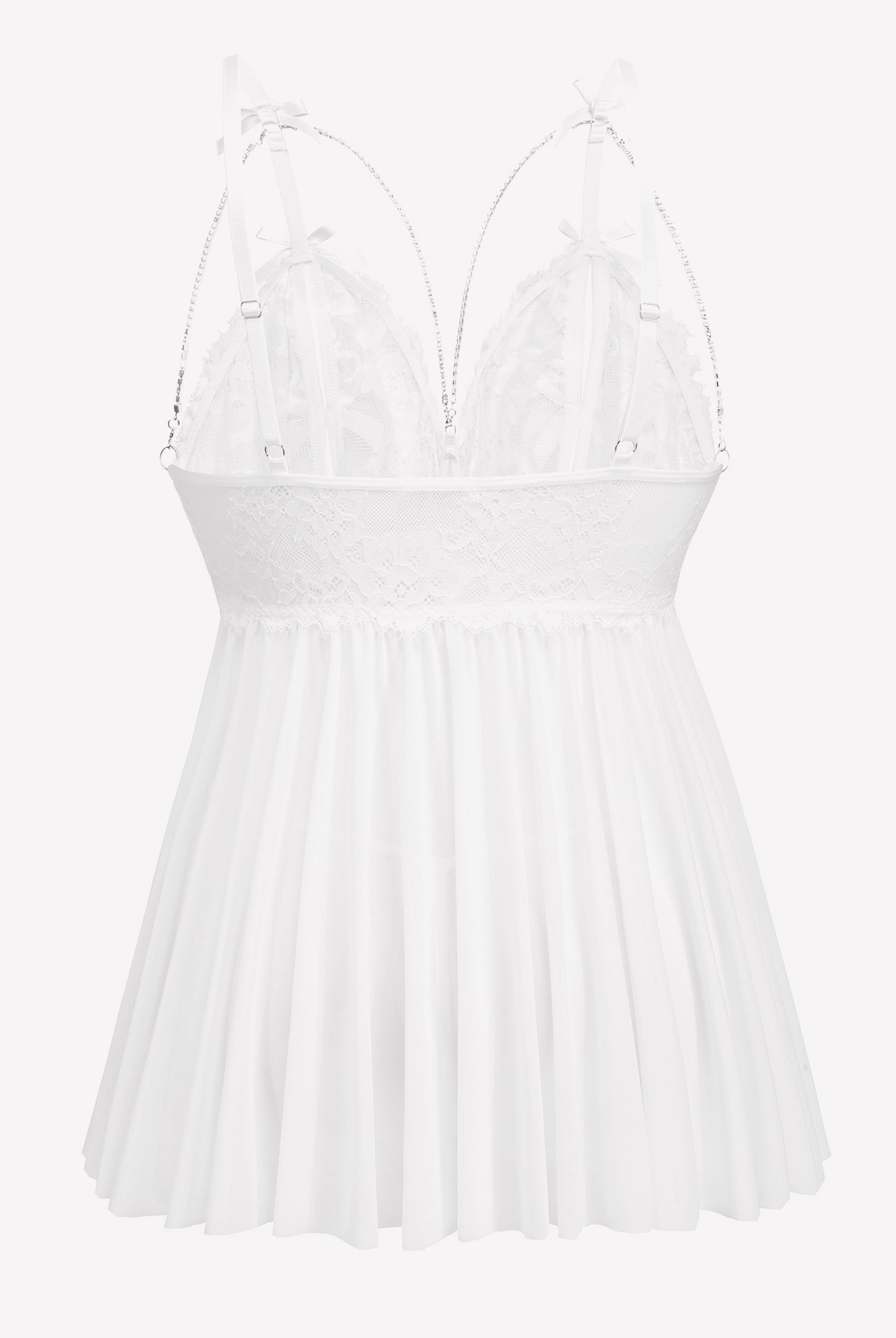 White lace babydoll nighty with adjustable straps and mesh skirt. Sexy lingerie for women.