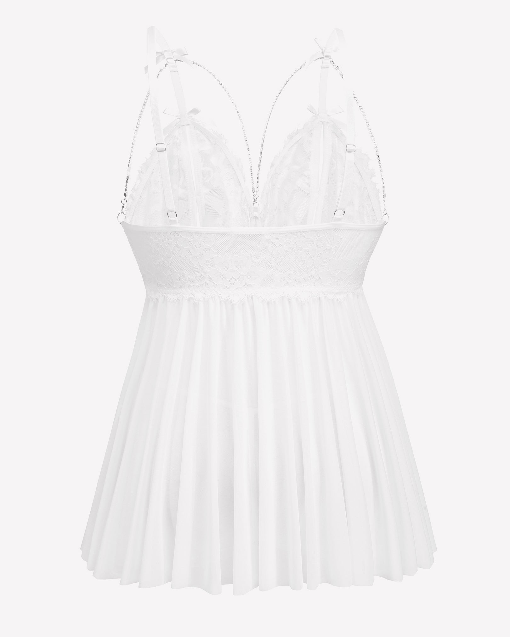 White lace babydoll nighty with adjustable straps and mesh skirt. Sexy lingerie for women.