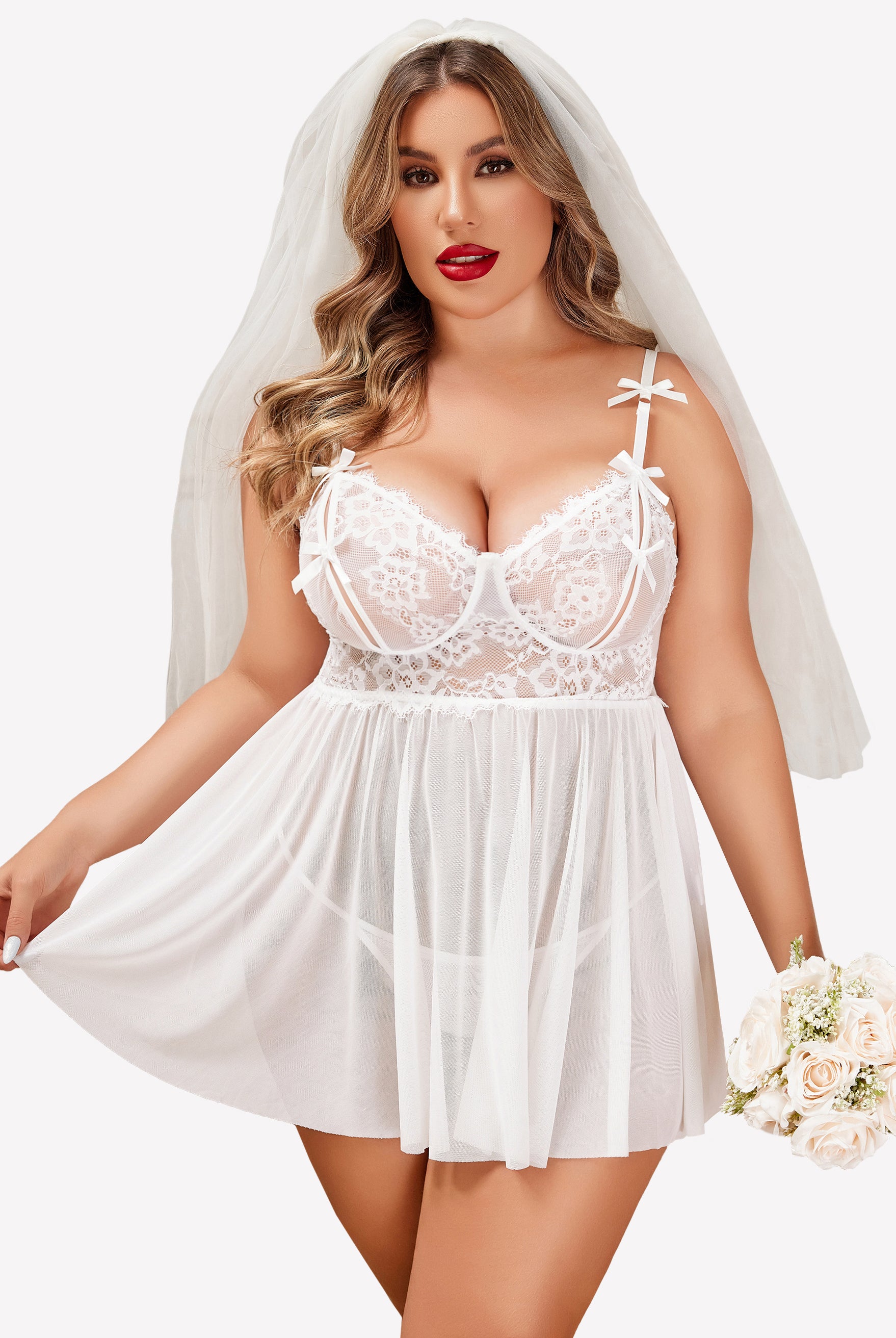 Plus size bridal lingerie, white lace babydoll nighty, veil and bouquet, perfect for a bride.