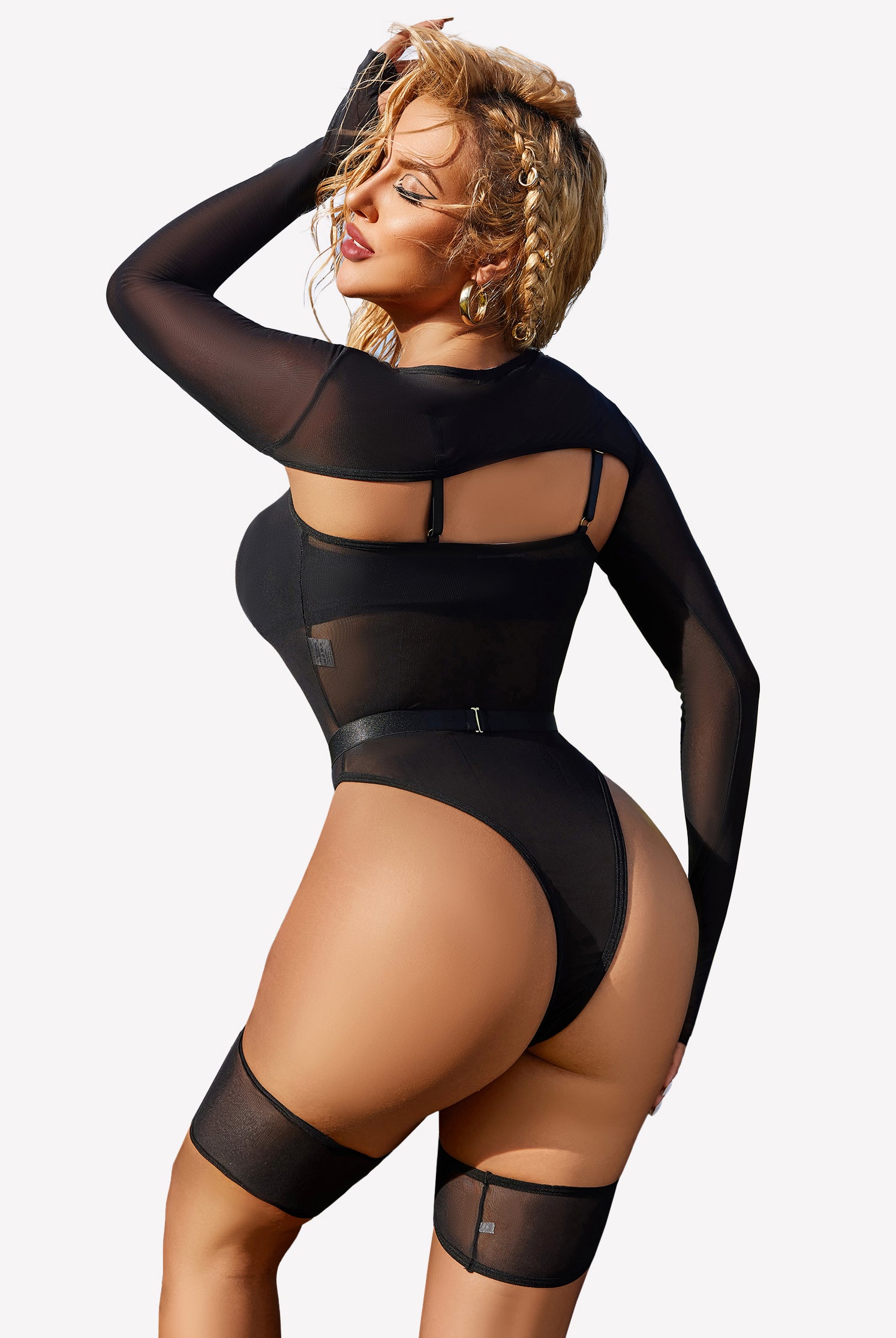 Black mesh long sleeve top teddy leotard with garter belt and stockings, sexy lingerie for women