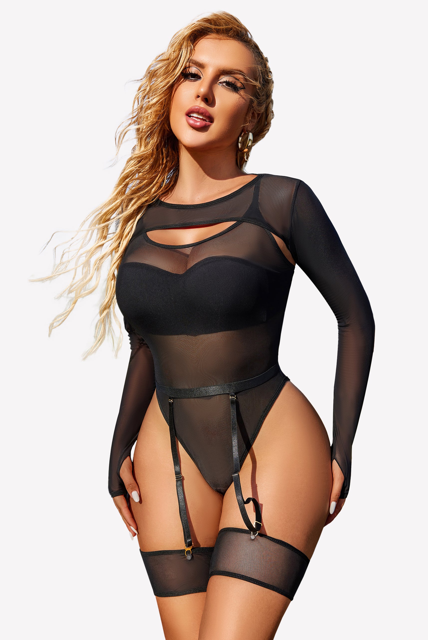 Black long sleeve mesh top teddy leotard with garter belt and stockings, sexy lingerie for women
