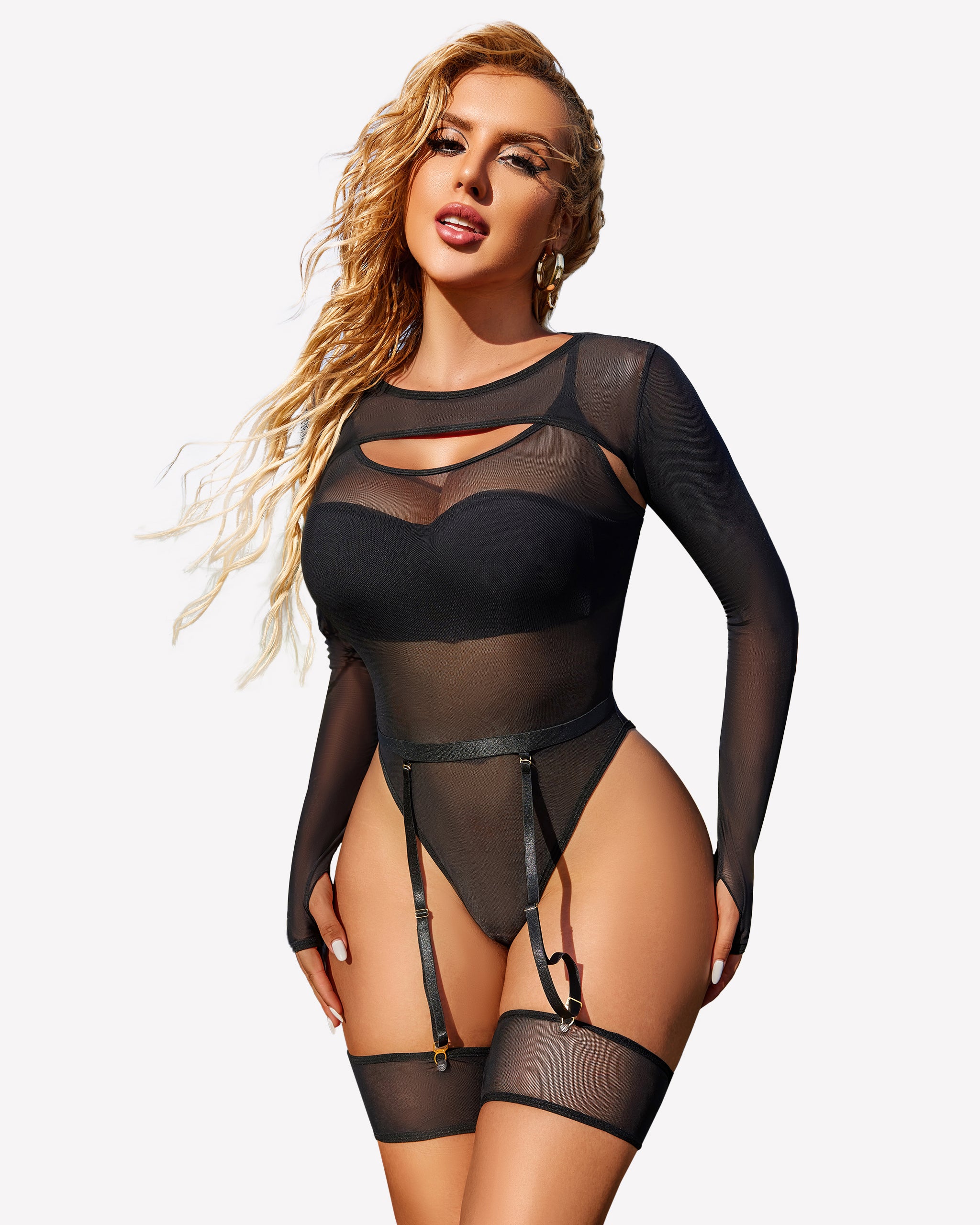 Black long sleeve mesh top teddy leotard with garter belt and stockings, sexy lingerie for women