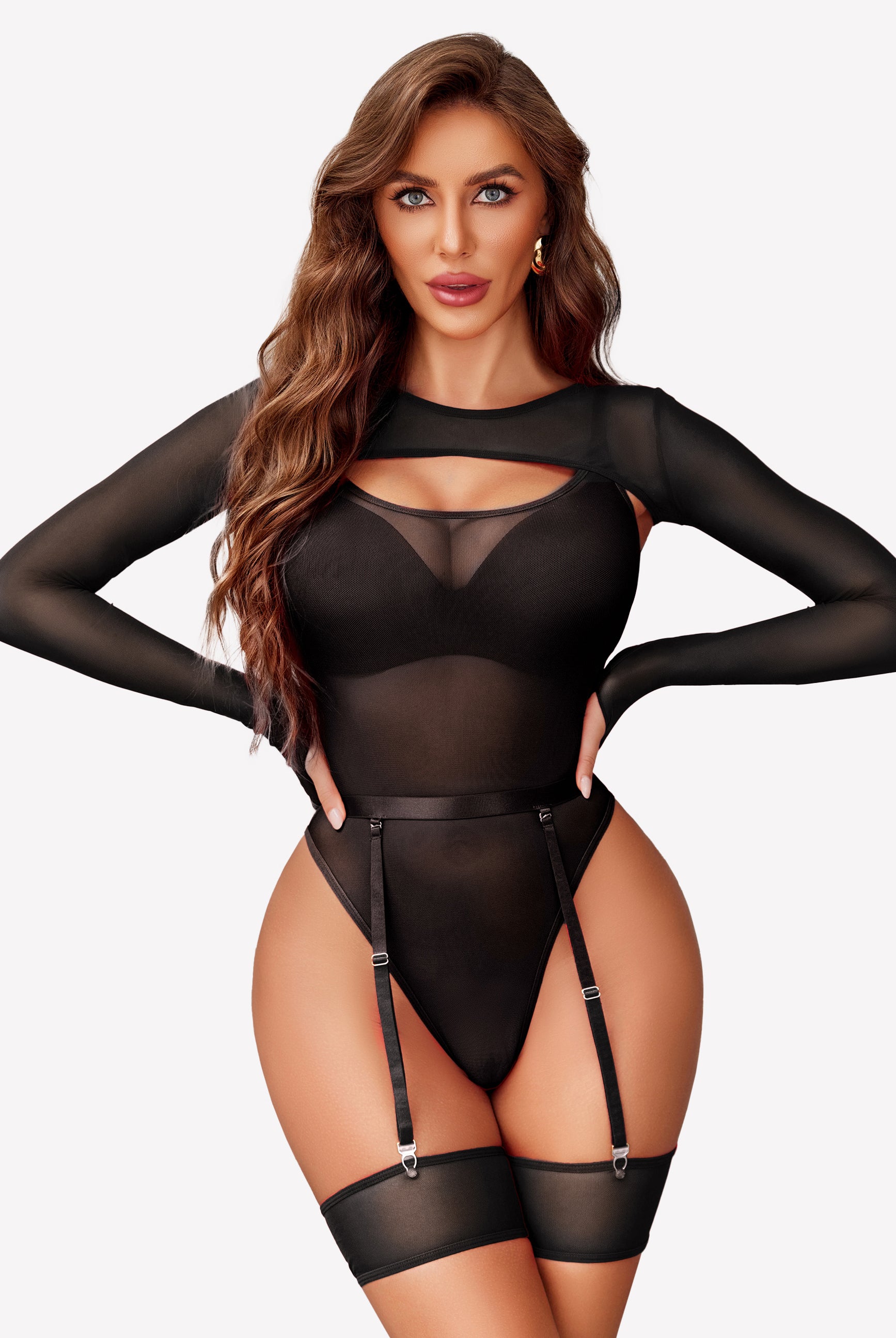 Black mesh long sleeve teddy lingerie set with garter belt and thigh highs, sexy lingerie for women
