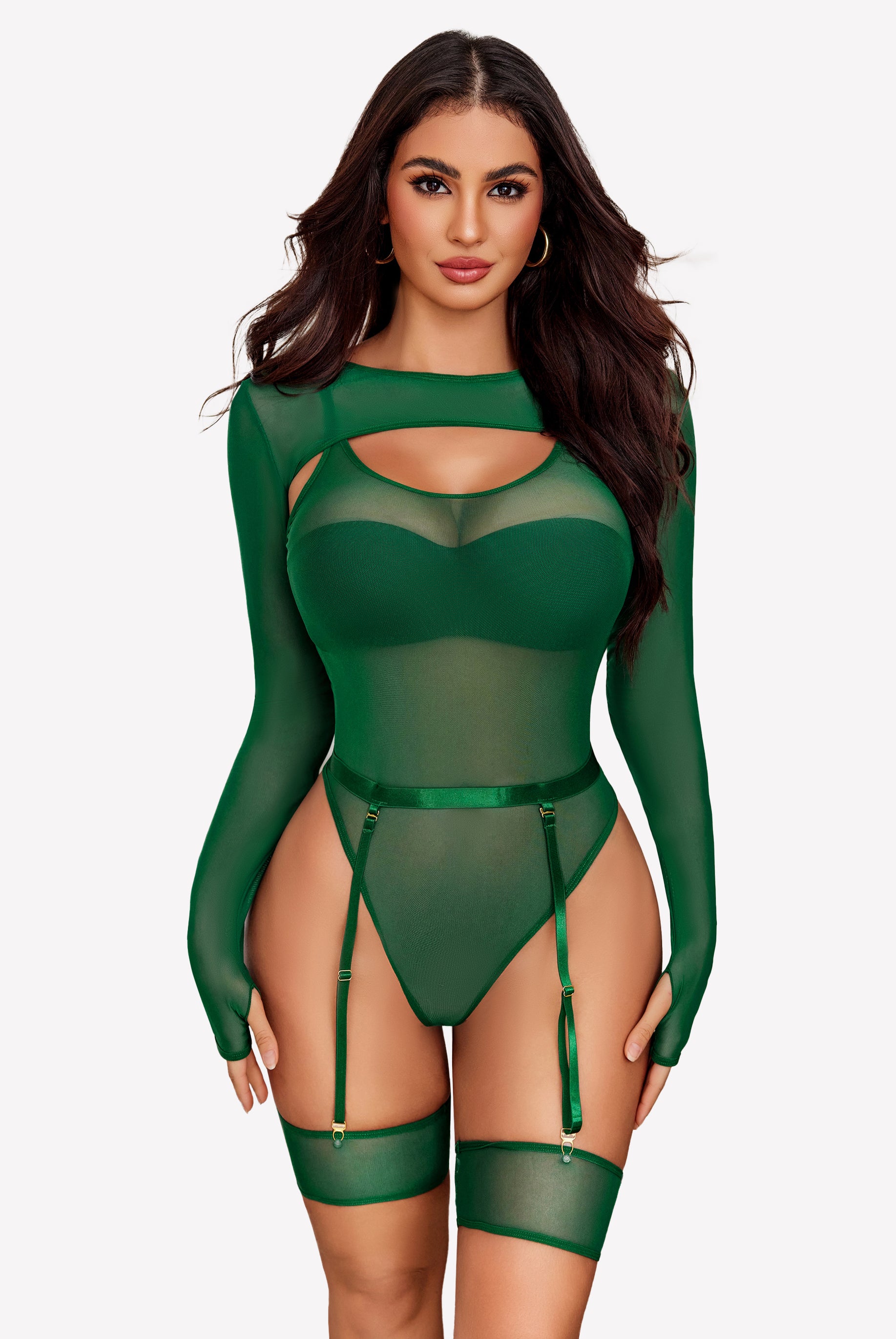 Green mesh long sleeve teddy lingerie set with garter belt and thigh highs, sexy lingerie for women