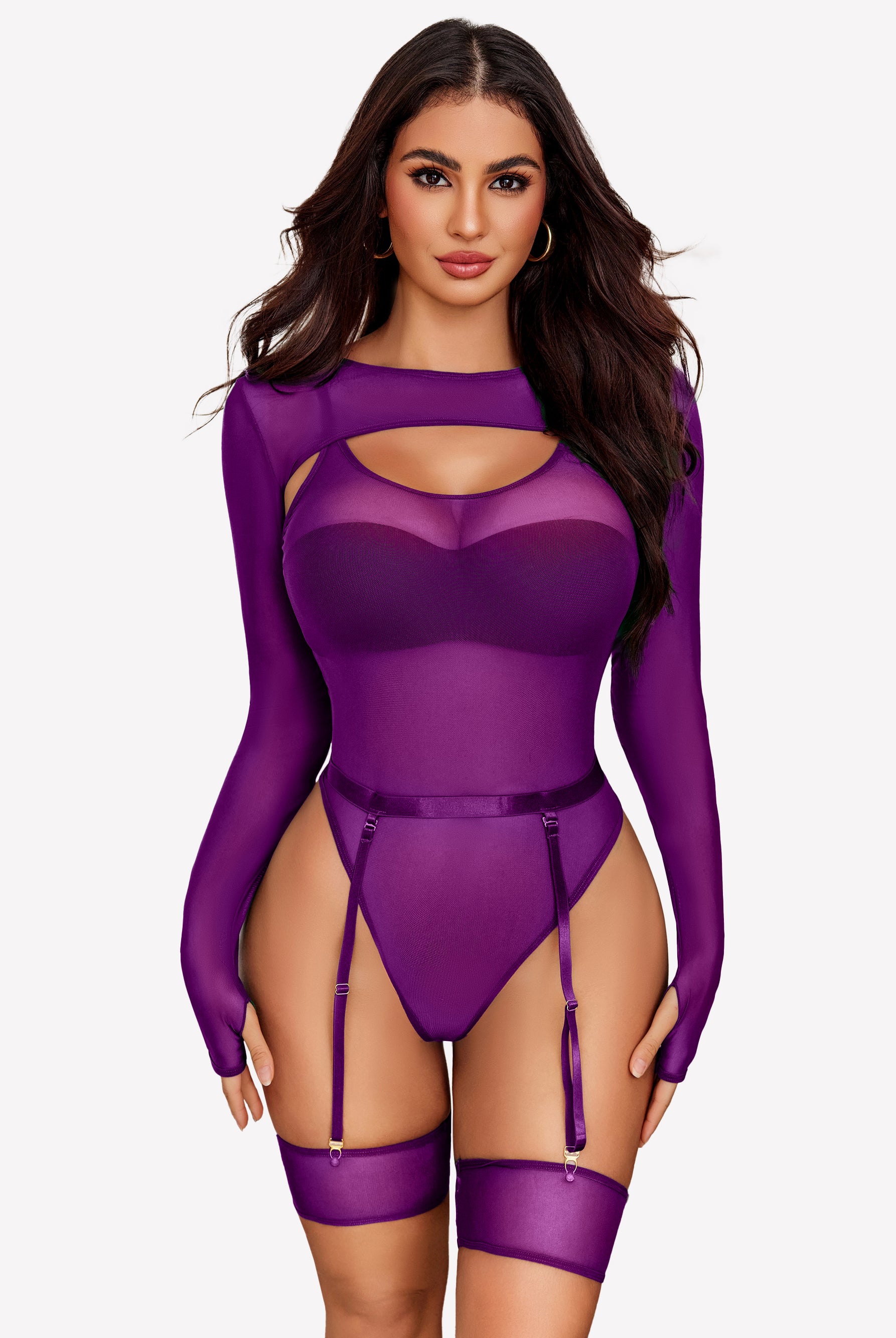 Purple mesh long sleeve teddy lingerie set with cut-out design, garter belt and thigh highs