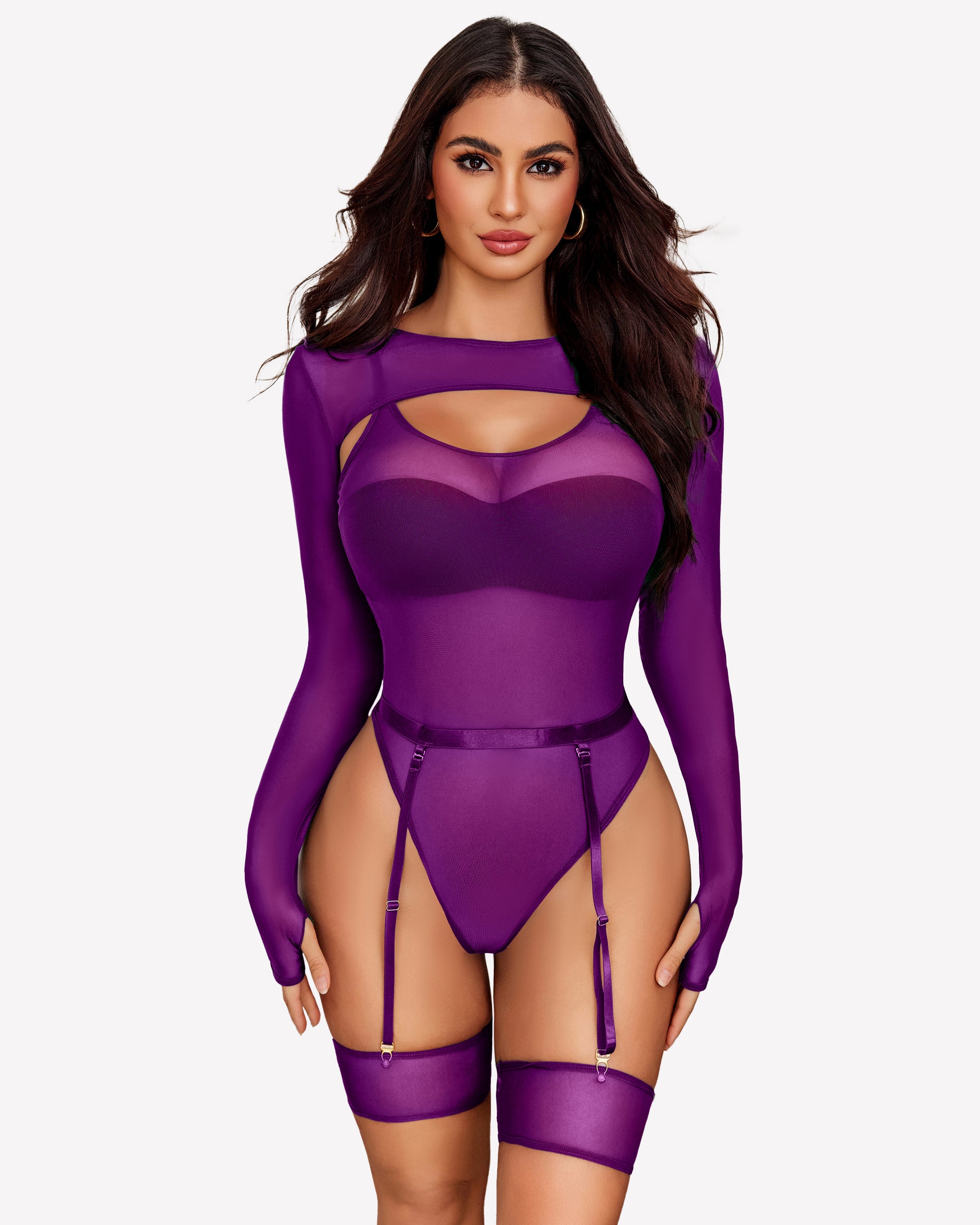 Purple mesh long sleeve teddy lingerie set with cut-out design, garter belt and thigh highs
