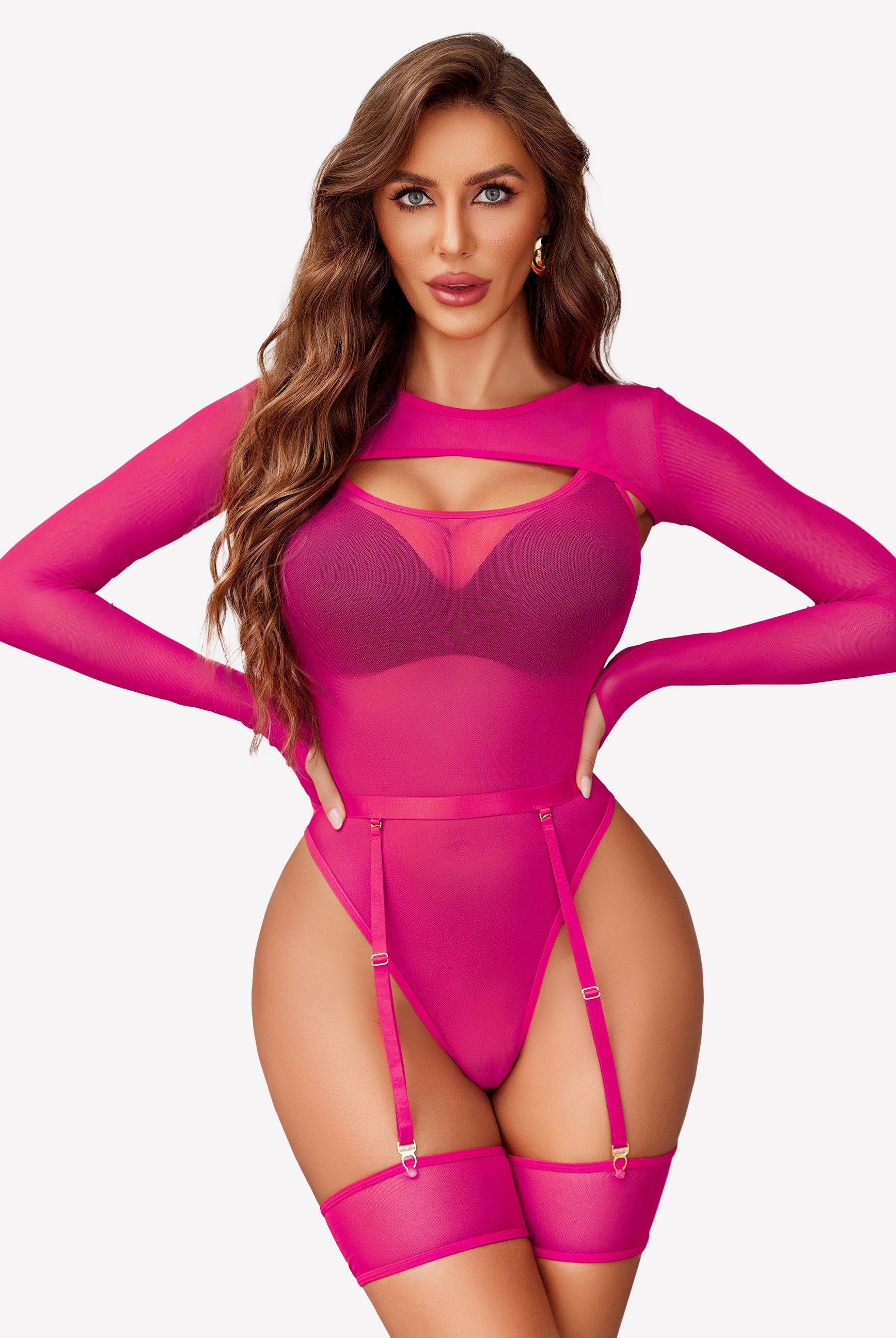 Pink mesh long sleeve teddy lingerie set with garter belt and thigh highs, sexy lingerie
